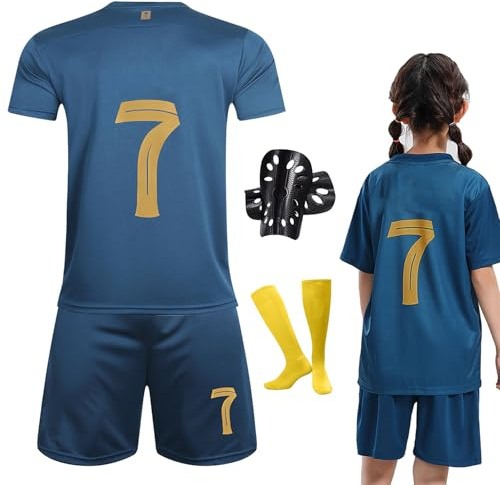 Ronronner Fussballtrikot, Fußball Set Kinder, Nr.7 Fußballtrikot Kinder Set, Fußball-Trainingstrikots für Jungen mit Socken und Schienbeinschoner (DE/NL/SE/PL, Alter, 130, 140, B)