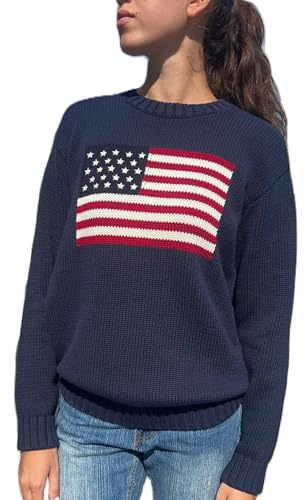 Suéter de Punto de Manga Larga con Cuello Redondo para Mujer, diseño de Bandera Estadounidense, Ajuste Holgado, suéter de Punto Casual, 2# Azul Marino., M