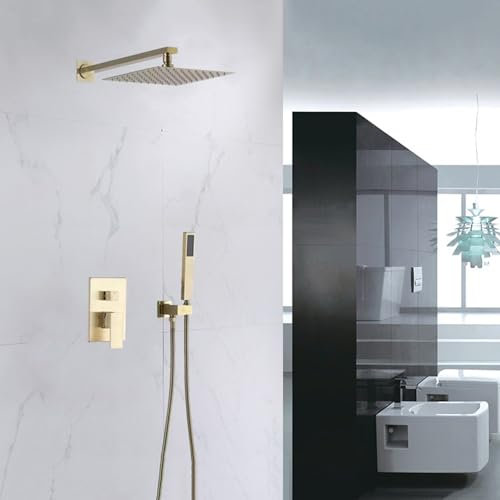 Grifo Ducha Empotrado 2 Modos Cabezal Ducha Cuadrado 10'' Giratorio 360° para Baño,Oro Cepillado