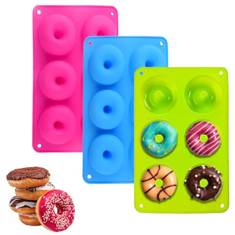 JOYOLA 3 Pezzi Stampo Ciambelline Silicone, Stampo in Silicone per Ciambella, 6 Cavità Stampo per Ciambelle, Anti Aderente Stampo Ciambelline, Stampi Ciambelline per Ciambella, Torte, Bagel, Muffin