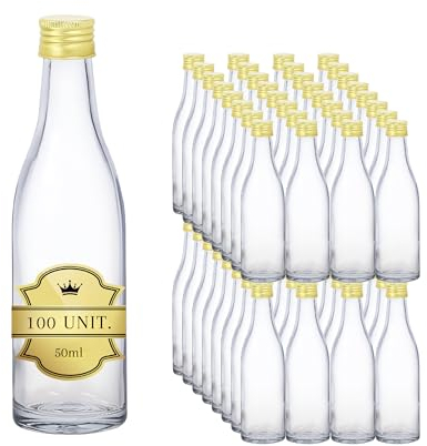 100 botellas de vidrio vacías de 50 ml con tapón de rosca, incluye tapón dorado, ideas para licores, mini botellas para bodas y fiestas