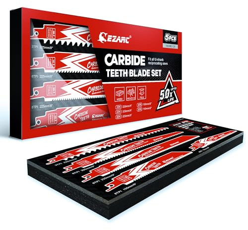 EZARC Hartmetall Säbelsägeblätter Set, 3, 6 und 8 TPI, 150 und 225 mm, 5tlg | Säbelsägeblätter Set, bis zu 50-mal längere Standzeit, 3, 6 und 8 TPI, für Hartholz, Holz mit Nägeln, dicke Metalle
