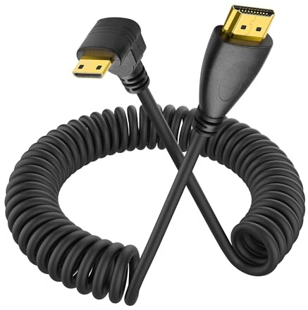 YACSEJAO Cable en espiral Mini HDMI de 90 grados Mini HDMI macho a HDMI macho Cable en espiral alargado para cámaras, DSLR digitales, videocámaras, pantallas y monitores portátiles (ángulo arriba)
