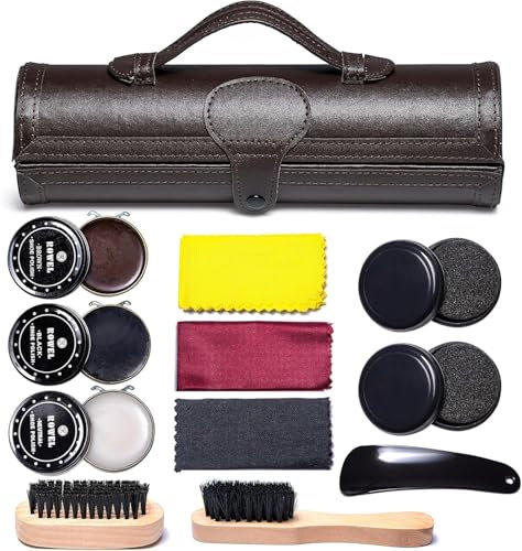 Shoe Polish Kit Cleaning Shine Care Barrel Set For Brown Black Leather With Brush Travel Case Luxury Premium Soft Horsehair Bristle Dauber,Shoehorn (Dark Brown)