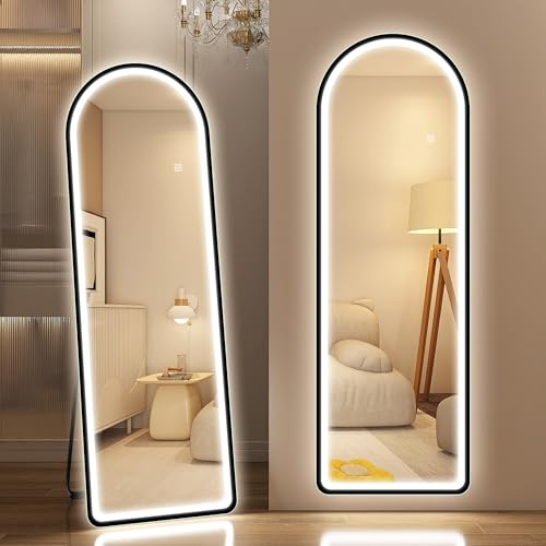 STARLEAD Ganzkörperspiegel-mit-Beleuchtung 150x50cm, LED-Standspiegel-mit 3 Lichtfarben Dimmbar, Wandspiegel-Groß mit Touch-Schalter, Memory-Funktion, HD Hartglas, Gewölbter Spiegel-Schwarz-Rahmen