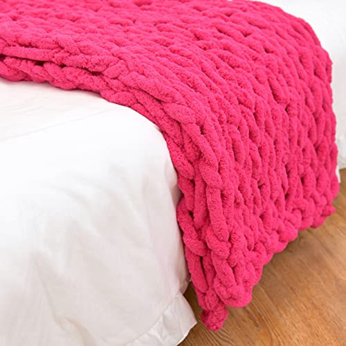 LUOZIQINX Grob Gestrickte Kuscheldecke, Chenille überwurf Strickdecke, Handgefertigt Kuscheldecke Grobstrick für Bett, Sofa, Stuhl,Rose red,100x200cm