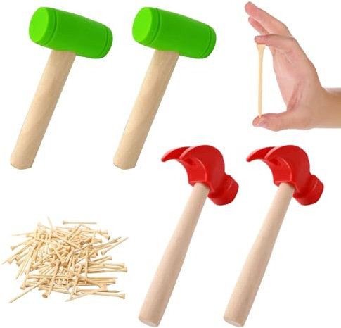 JOAASU 4PCS Hammer Toys, Wooden Maintenance Tools Include 2pcs Red Claw Hammer, 2pcs Green Mallet Hammer, 40pcs Wooden Golf Tees, Simulation Mallet Pounding Toy for Toddlers Kids Girls Boys