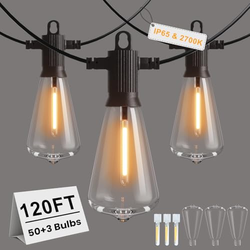 ZOTOYI 120FT IP65 Outdoor String Lights Mains Powered Garden Festoon Lights with 50+3 Shatterproof ST38 Plastic LED Edison Bulbs IP65 Waterproof for Indoor Outdoor Dimming Support, 2700K Warm White
