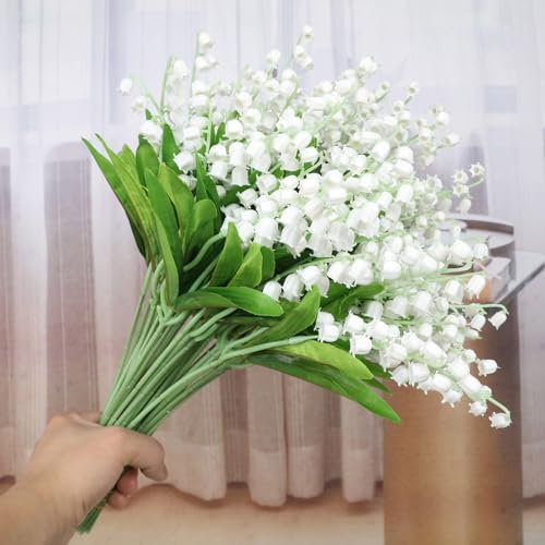 PRTECY 20 Piezas de Lirios Artificiales del Valle, Ramas de Flores de Campana Blanca Sintética, Campanillas de Viento, Orquídeas, Ramo de Boda, Planta de Lirios Artificiales de Seda