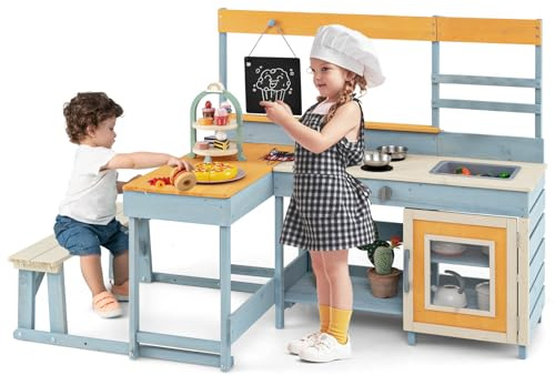 COSTWAY Mud Kitchen, Outdoor Kids Play Kitchen with Picnic Table Bench Set, Blackboard, Dessert Accessories and Kitchenware, Wooden Toddler Kitchen Playset for Backyard, Garden, Lawn