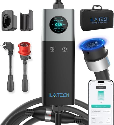 iLa Tech Mobile Wallbox 22kW WiFi, EV Ladegerät 32A für BEV mit Typ 2 Ladekabel 5M, LCD Display, IP66 Wasserdicht mit Kabelhalterung Aufbewahrungstasche und Adapter CEE 32A Rot 3-Phasig+EU Schuko 16A