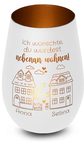Windlicht „Ich wünschte, du würdest nebenan wohnen!“ personalisiert mit Namen - Glas mit Gravur - Geschenk für Beste Freundin BFF - Freundschaftsgeschenk, Abschiedsgeschenk - Weiß, innen Bronze