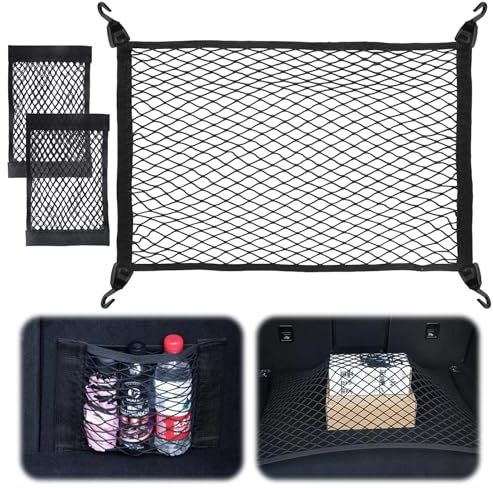 Red Maletero de Coche 70×50cm Puede Extender a 140×100cm, con 2 PCS Organizador Bolsa de Red + 4 Ganchos, Red para Maletero Súper Elástica Apta, para SUV, Van, Carro Automóviles, Universal (Negro)