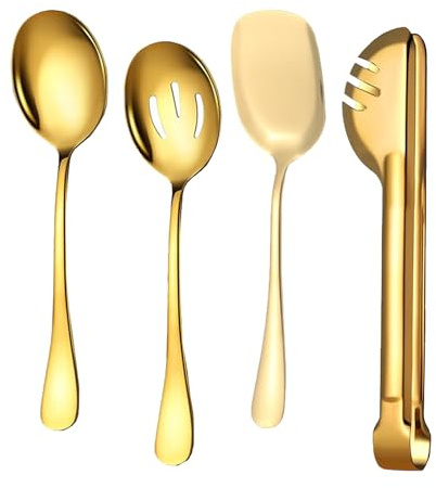 Juego de 4 cucharas de servir grandes, pinzas de cocina de acero inoxidable dorado, cucharas ranuradas, palas para bufé, fiestas, bodas, cenas