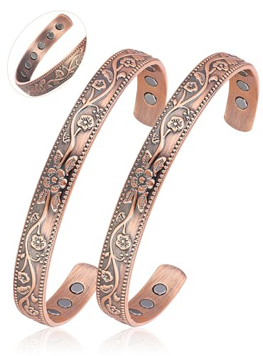 BioMag 2 Pcs Magnetic Copper Bracelet for Women Men, 99.99% Pure Copper Cuff Bangle with with 12 Pcs 3500 Gauss Magnets, Adjustable Size, Floral Vine Design