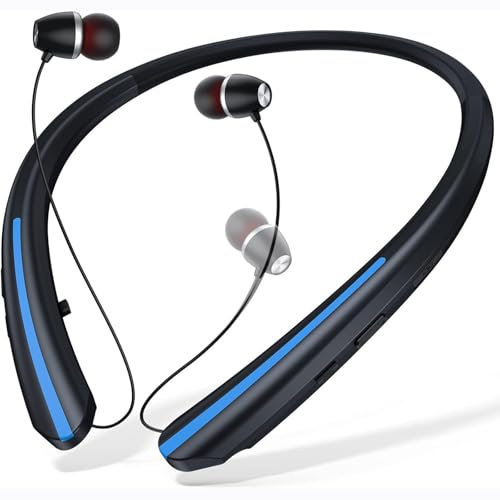 DOCANIO Neckband Bluetooth Headphones, 24H Battery, Auto-Retractable In-Ear Earbuds, HiFi Stereo & Hybrid Active Noise Cancelling, Secure Fit for Sports, Running, Gym, Hands-Free Calling Blue
