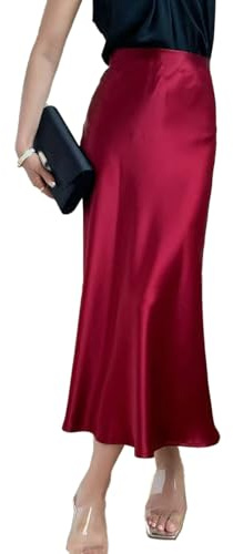 Satin Long Skirt for Women Elegant High Waist Casual Cocktail Party A-Line Silky Flowy Skirts Wine red-L