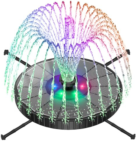 SZMP Solar Fountain Colorful LED, 3-Level Water Spray Height Adjustment, Rotating Rods Glass Bird Bath Fountains, 2000mAh Battery, 7 Nozzles Floating Solar Water Fountain for Garden, Pool (Black)