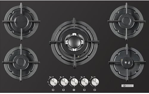 PIANO COTTURA VETRO VETROCERAMICA NERO 75 CM INCASSO GAS METANO 5 FUOCHI GHISA