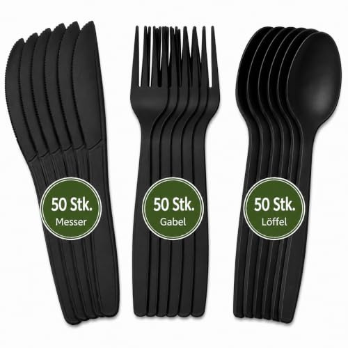 Lot de 150 couverts réutilisables noirs - 50 cuillères, 50 couteaux et 50 fourchettes - Qualité supérieure pour la maison, la restauration et les événements - 17 cm - Extra stables