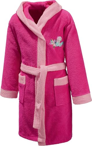 Erwin Müller Kinder-Bademantel mit Kapuze Frottier pink Größe 146/152 - weich, hautfreundlich, mit aufgesetzten Taschen, Bindegürtel, Stickerei Meerjungfrau