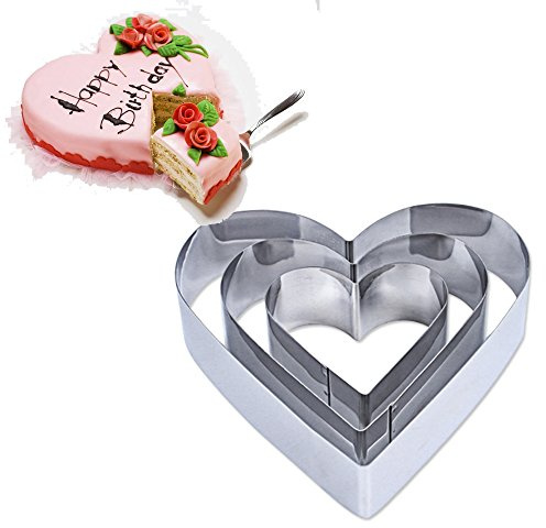 TAMUME Stainless Steel Heart-Shape Cake Tin Set of 3 for Layer Cake Mould Mousse Ring Mould Ideal for Wedding Cake Mould Set and Dessert Mould (Heart)
