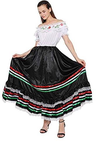 FantastCostumes Women's Traditional Mexican Lace Flower Senorita Costume Festival Party Spanish Dress, White, Black and Multicolor, Large