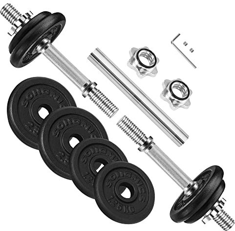 SONGMICS 2-in-1-Hanteln, 2 x 10 kg Hantelset aus Gusseisen, verstellbar, Kurzhantelset mit Verbindungsrohr, Workout, Gewichtheben für Zuhause, Fitnessstudio, tintenschwarz SYL20LBKV1
