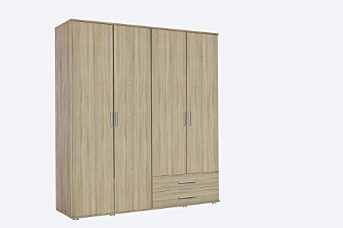 Rauch Möbel Rasant, Schrank Drehtürenschrank inklusive 2 Schubladen, 4-türig, Zubehörpaket Basic 3 Einlegeböden, 1 Kleiderstange, Eiche Sonoma, Holz, 52 x 168 x 188 cm