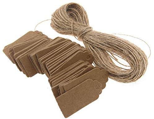 100tlg. Braunes Kraftpapier Anhänger Etiketten Geschenkanhänger Etikett Hochzeitsfeier Geschenkkarten 4 x 2 cm mit Jute Schnur 20M