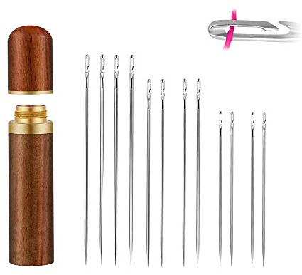 HERKINDNESS 12 Nähnadeln Selbsteinfädelnd Set, Sticknadeln Edelstahl Nadeln Stopfnadelsets Nähnadeln Einfädelhilfe mit Nadelzylinder aus Holzstickerei