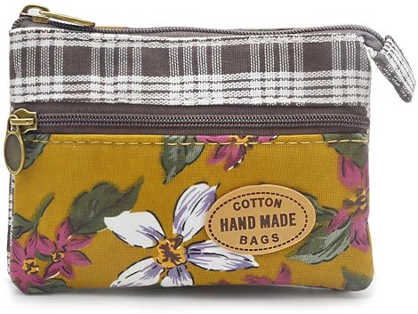 GUXL Women Small Zipper Coin Purse, Handmade Fabric Flower Embroidered Change Pouch, Cotton Double Zipper Wallet