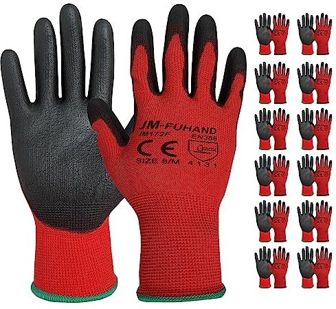 JM-FUHAND Ultra-Thin Polyurethane Coated Safety Work Gloves, 12 Pairs, Red, Medium