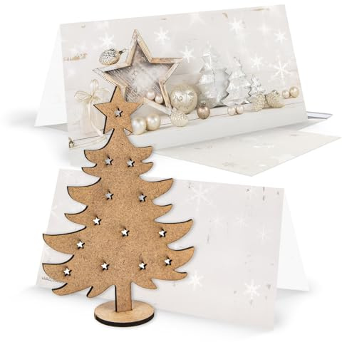 Logbuch-Verlag Weihnachtskarten Set - 3 weihnachtliche Grußkarten + 3 Weihnachtsbäume aus Holz zum Stecken + 3 Umschläge beige silber