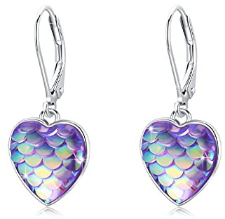 Pendientes de aro de plata de ley 925, diseño de sirena, color lila