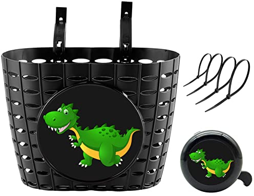 YeloYolker Panier de vélo pour garçons avec Cloche, Joli Panier de vélo Dinosaure pour Enfants, Tout-Petits, Panier de Guidon Avant en Plastique pour Scooter, Tricycle(I-Rex)