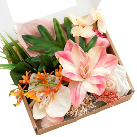Ling's moment Fake Flowers Box, Faux Artificial Greenery Stems Foam Roses Anthurium Silk Lily Palm Fabic Flower for Centerpieces Bouquet Wedding Vase Floral Decorations, Sorbet Tropical, Mini Combo