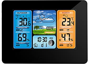 Samnuerly Estación meteorológica Digital multifunción, Reloj Despertador LCD, pronóstico del Tiempo para Interiores y Exteriores, barómetro, termómetro, higrómetro (Negro)