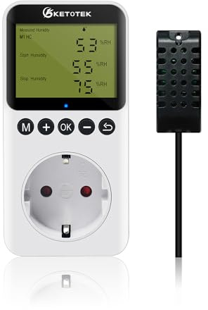 KETOTEK Igrostato a Presa con Sonda 220V, Regolatore di Umidità Spina Digitale con Funzione Coutdown per Grow Box Incubatrice Uumidificatore Deumidificatore