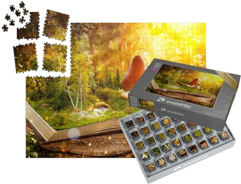 puzzleYOU: SMART Sorted® | Puzzle 1000 Teile leicht gemacht „Digitale Kunst: Magisches Pilzhaus im verwunschenen Bücherwald“ – aus der Puzzle-Kollektion Fantasy