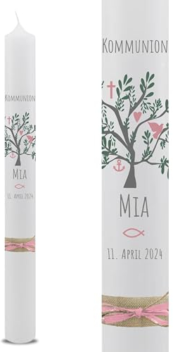 VILLA ROSA LOTTA – Personalisierbare Kommunionkerze Taufkerze „Mia“ mit Wunschdaten und Rückseite | Lebensbaum Motiv | 40 cm x 4 cm | für Jungen und Mädchen | Altarkerze elfenbein