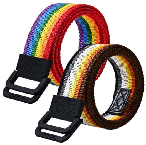 YunYunStrap Regenbogen Canvas Gürtel für Herren und Damen, Größe bis zu 175 cm, mit Doppel-D-Ring-Schnalle, 2 Stück
