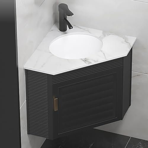 ZDMZR Eckwaschbecken zur Wandmontage, Hängewaschbecken, Waschbecken, Waschbecken mit Aufbewahrungsbehälter (Color : Negro, Size : 47cm/18.5in)