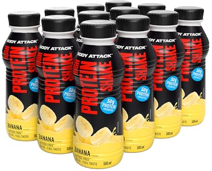 Body Attack High Protein Shake - Banane 12 x 500 ml (avec gagement) - Fabriqué en Allemagne - 50 g de protéines - Shake protéique hypocalorique pour la construction musculaire - Boisson prête avec