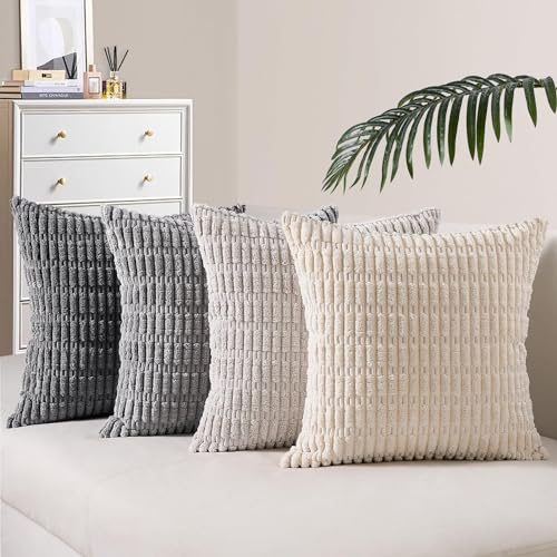 Topfinel 4er Set Kissenbezug 60x60 cm Grau - Kordsamt Dekokissen für Sofa Schlafzimmer & Wohnzimmer - Flauschige Kissenhülle in Kinderzimmer - Dekorativ und Weich
