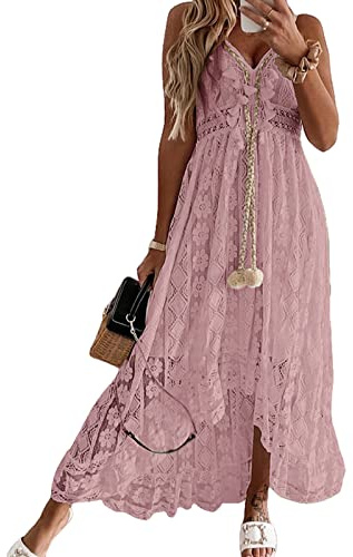 Cupshe - Robe d'été sans manches en dentelle, décontractée, à pompons et bretelles spaghetti, pour femme, rose, XX-Large