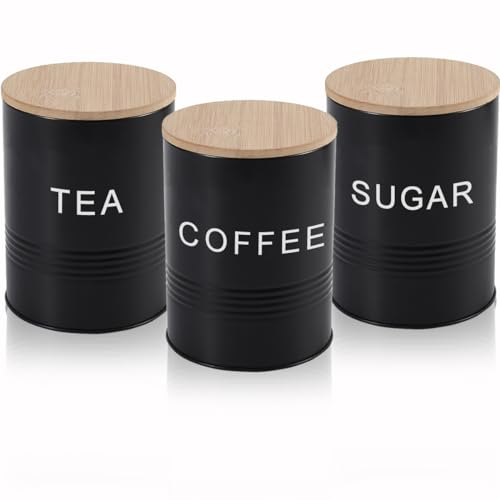 LOSYHU Black Tea Coffee Sugar Canisters Set of 3, 1000ML Kitchen Container Tins with Airtight Bamboo Lid, Metal Tea Coffee Sugar Storage Jars Kitchen Food Storage Tins