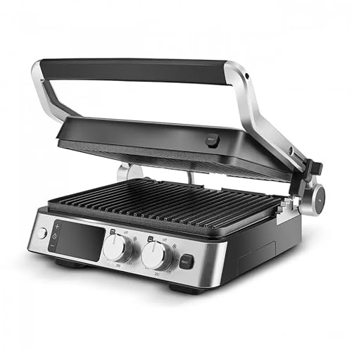 Karaca Compact Steel Sear and Grill Inox 2008, Sandwich Toaster, with Non-Stick Plates, Panini Press Electric Grill, Quick Heating, Height Adjustable Toastie Maker, Digital LED Display