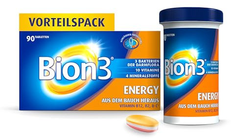 Bion3 Energy Multivitamin Vitamin B2, Pantothensäure, B12 & C zur Unterstützung des Darms(*2), körperliche und mentale Energie, Anti-Müdigkeit(*1), 90 Tabletten