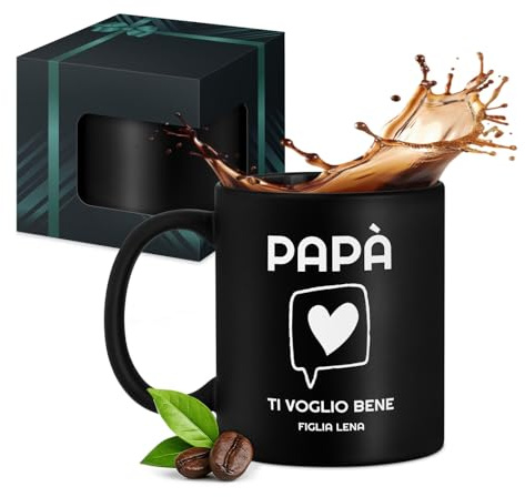 Maverton Tazza da caffè latte o tè in ceramica, Tazze con manico | Per macchiatone da 330 ml per Lui, Incisione personalizzata, Bicchiere per bevande per compleanno uomo, Nero opaco, papà